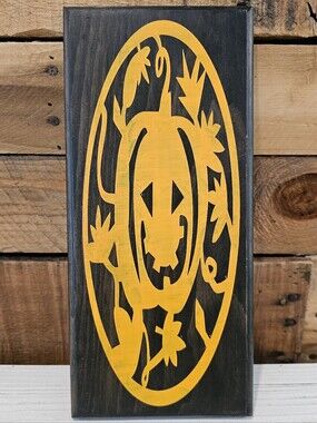 Handcrafted Orange Jack-o-Lantern Plaque On Dark Wood 5-3/8" x 12"
